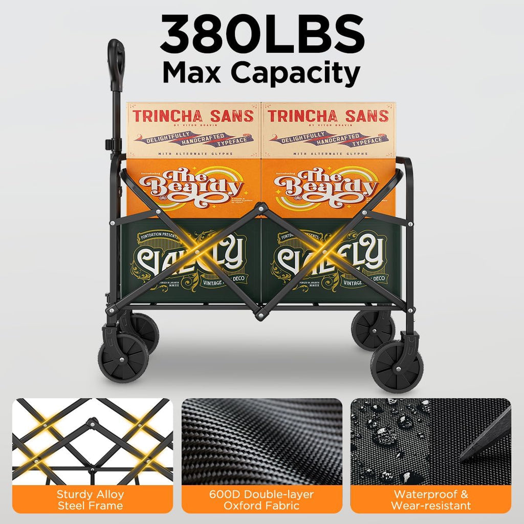 Heavy-Duty Collapsible Wagon Cart, Foldable Utility Cart with Extra Large Capacity and Drink Holders for Shopping, Camping, Grocery, Sports