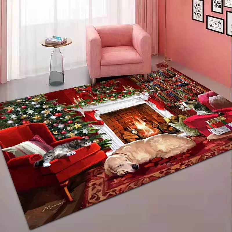 1Pc Christmas Red Rug Snowman Kitchen Carpet Living Room Rug Floor Mat Red Car Christmas Tree Print Door Mat Room Home Decor