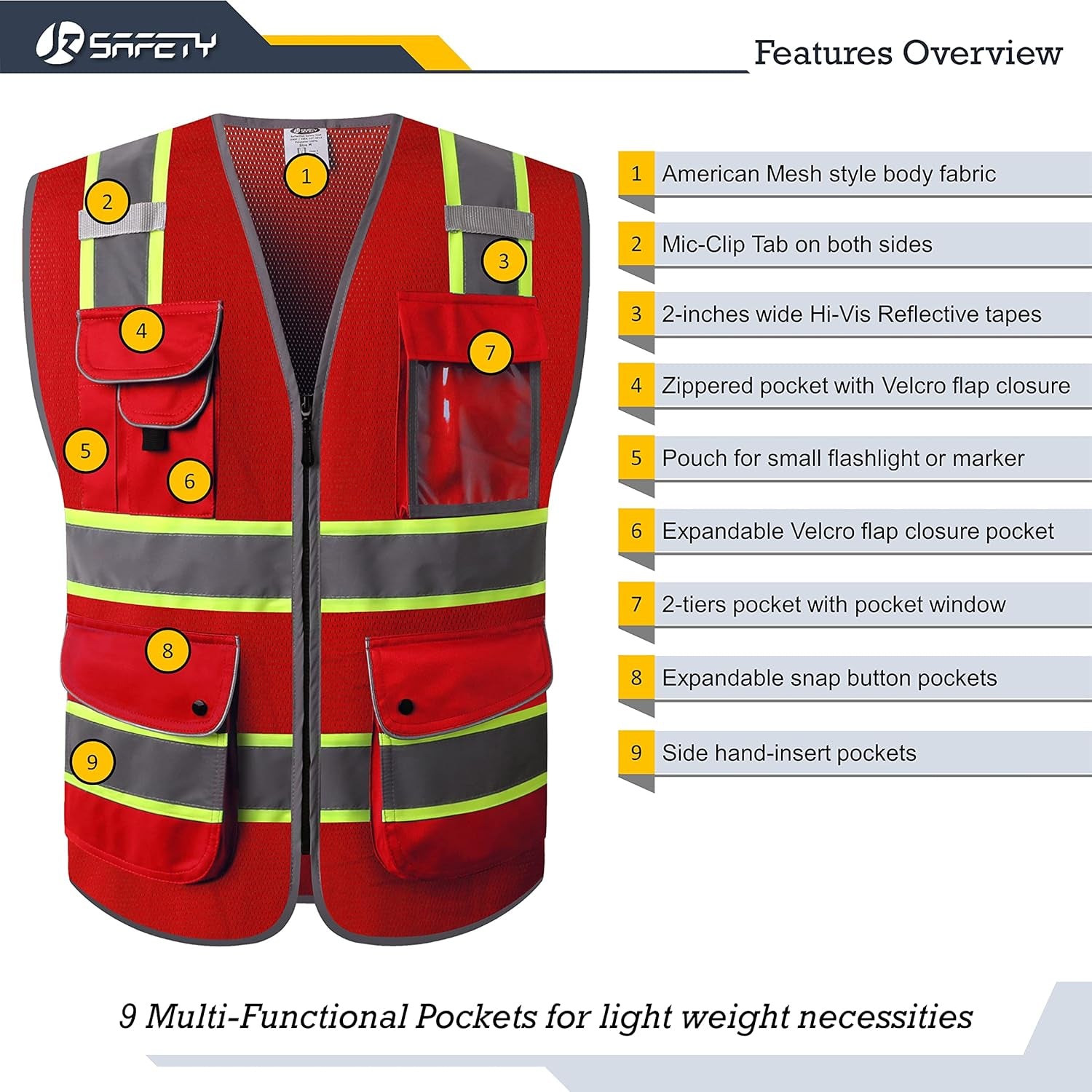 9 Pockets Hi-Vis Neon Red Zipper Front MESH Safety Vest with Fluorescent Yellow Extend Edge Outlining the Reflective Tapes Meet ANSI/ISEA Class 2 Standard (100-Red, Medium)