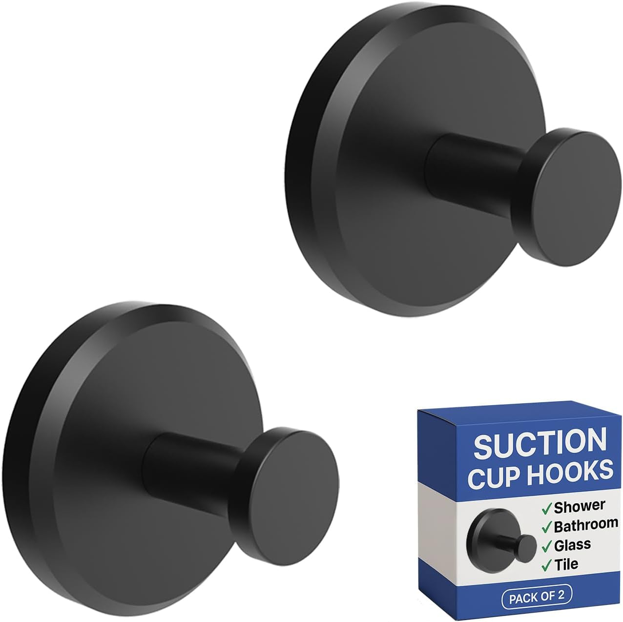 Suction Cup Hooks for Shower, Bathroom, Kitchen, Glass Door, Mirror, Tile – Loofah, Towel, Coat, Bath Robe Hook Holder for Hanging up to 15 Lbs – Waterproof & Rustproof, Matte Black (2-Pack)
