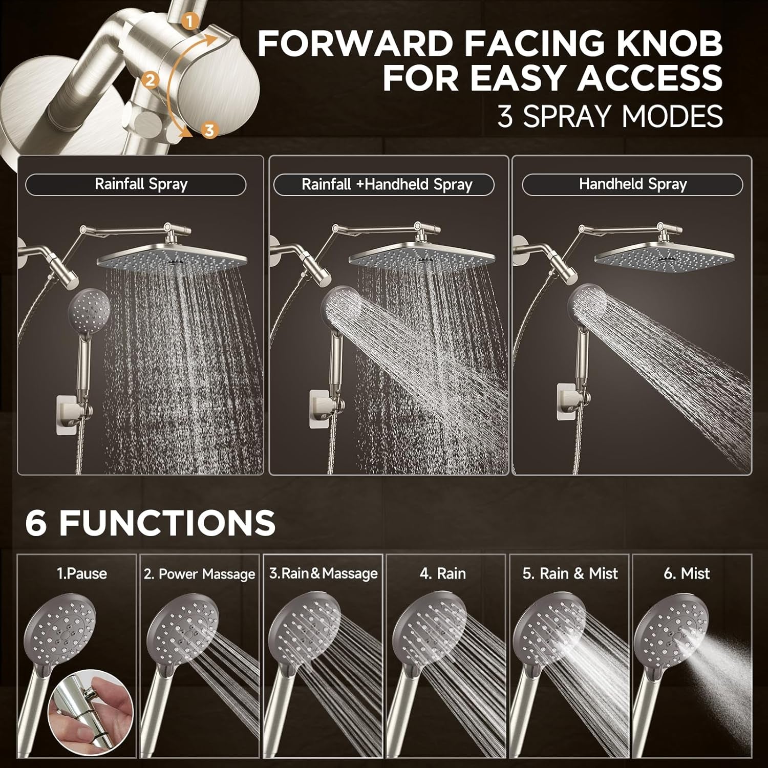 Brushed Nickel Wide Rain Shower Head with 6 Modes Handheld Water Spray, High Pressure Showerhead Combo with Arm, Adjustable Dual Shower with Anti-Clog Nozzles
