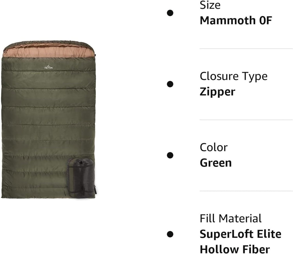 Teton Mammoth Queen Size Double Sleeping Bag- a Warm Bag the Whole Family Can Enjoy – Great for Camping, Hunting and Base Camp. Compression Sack Included