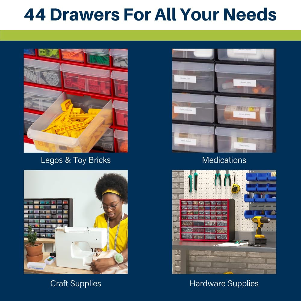 44-Drawer Plastic Drawer Storage Cabinet for Garage Organization, Bead Organizer, Building Bricks Storage, Teacher Toolbox, Makeup Organizer, 20-Inch W X 6-Inch D X 16-Inch H, 10144 Black