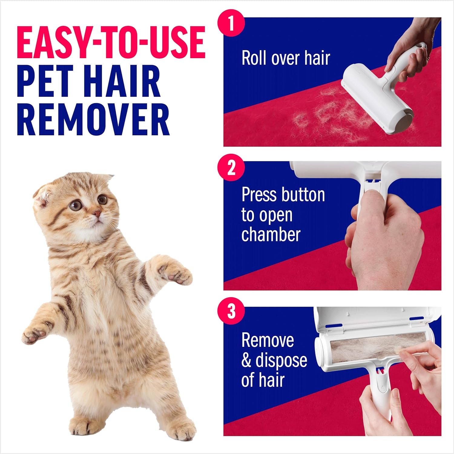 Pet Hair Remover – Original Size Reusable Lint Roller for Cat & Dog Hair on Furniture, Couch, Carpet, Car, Rugs & Bedding – Portable, Eco-Friendly (White)