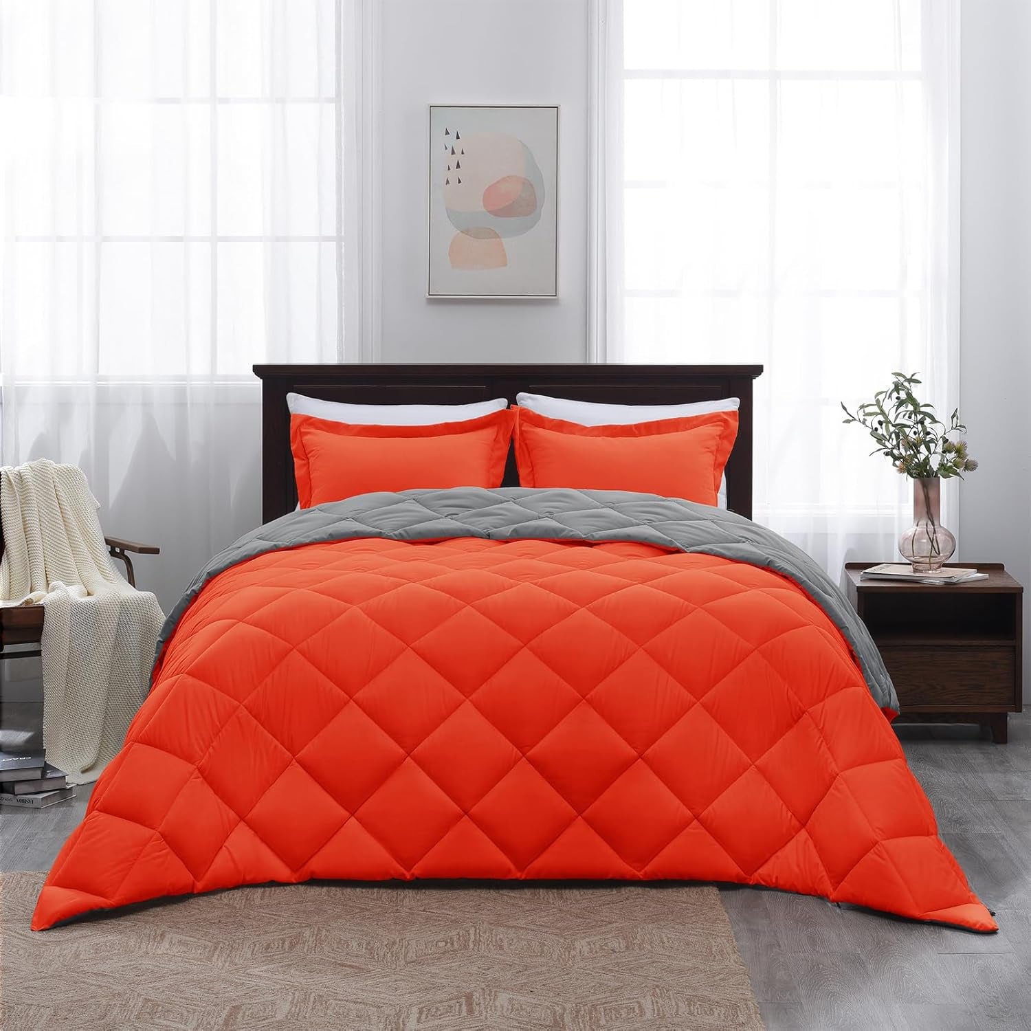 Queen Comforter Set - Orange Comforter Set Queen, Reversible Bed Comforter Queen Set for All Seasons, Flame/Charcoal Gray, 1 Comforter (88"X92") and 2 Pillow Shams (20"X26"+2")