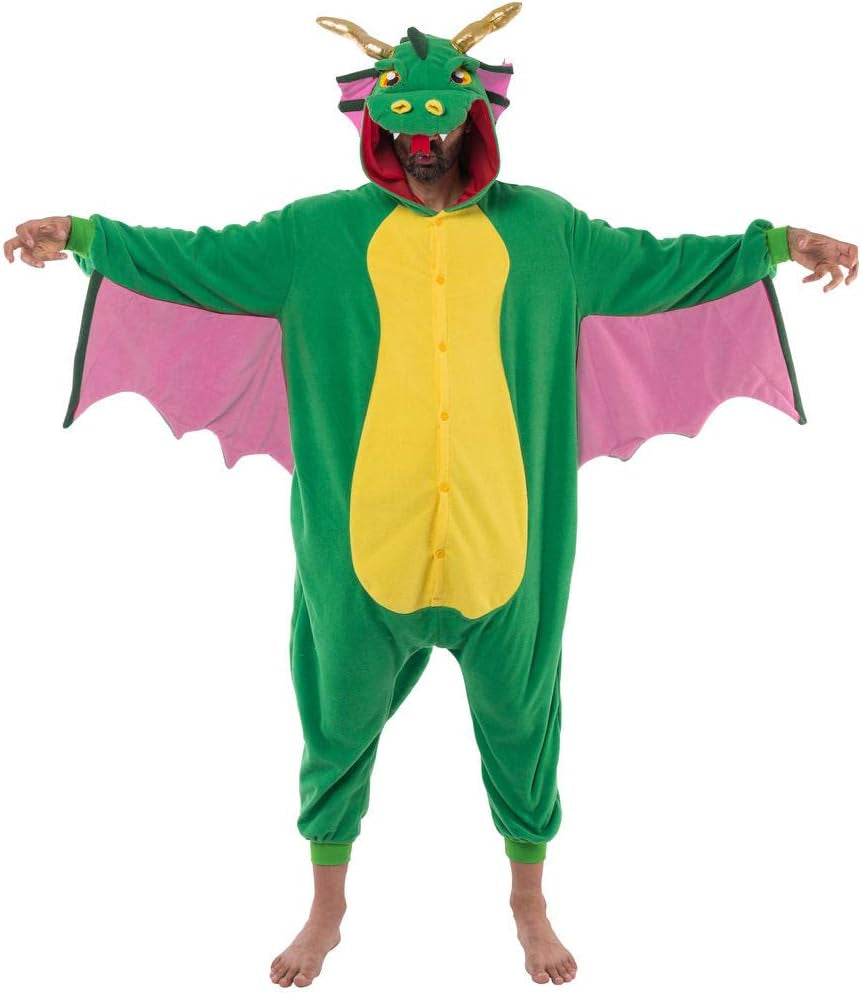 Adult Dragon Pajama, Plush Halloween Dragon Jumpsuit Costume with Pink Wing for Halloween Parties