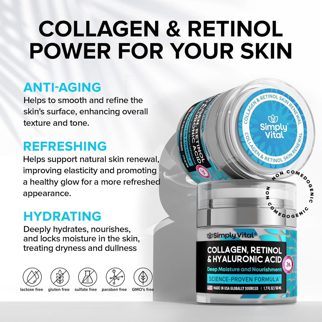 Collagen, Retinol & Hyaluronic Acid Cream - Anti-Aging Face Moisturizer for Face, Firming Skin Care Neck & Décolleté - Made in USA, Daily Moisturizer Face Cream Day & Night - 1.7 Fl.Oz.