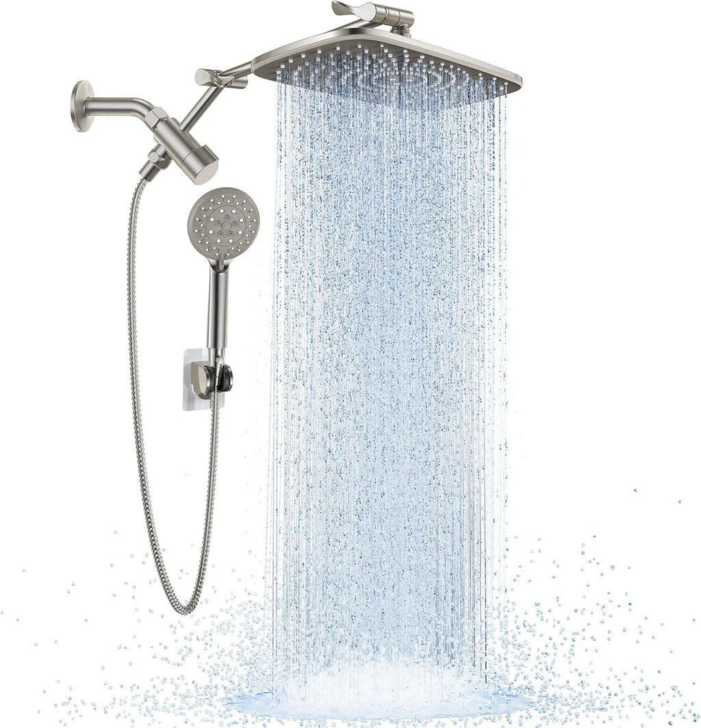 Brushed Nickel Wide Rain Shower Head with 6 Modes Handheld Water Spray, High Pressure Showerhead Combo with Arm, Adjustable Dual Shower with Anti-Clog Nozzles