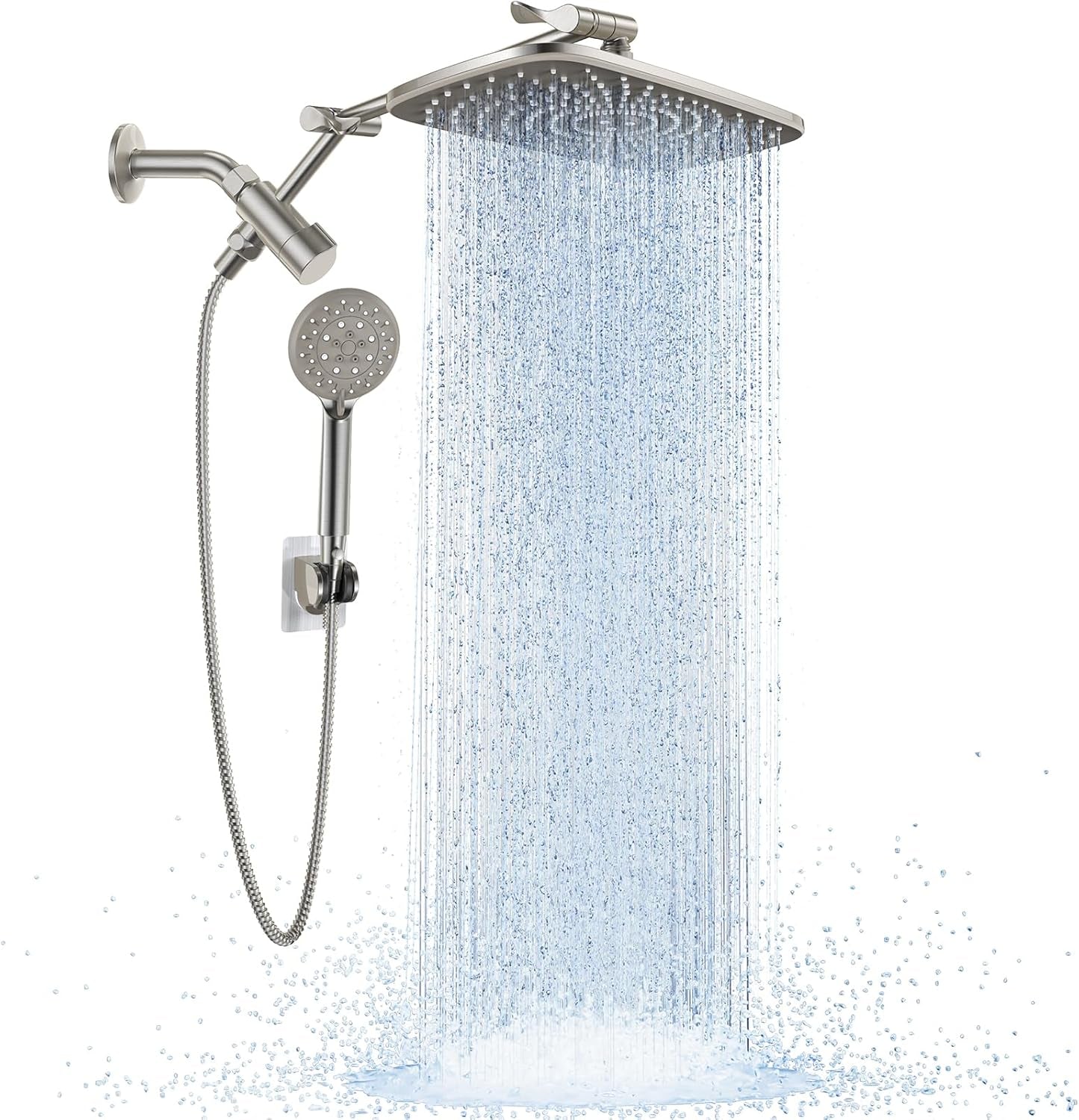 Brushed Nickel Wide Rain Shower Head with 6 Modes Handheld Water Spray, High Pressure Showerhead Combo with Arm, Adjustable Dual Shower with Anti-Clog Nozzles