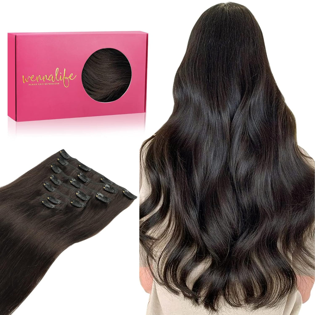 Clip in Hair Extensions Real Human Hair, 18 Inch 120G 7Pcs Human Hair Extensions Clip Ins, Dark Brown Coloured Remy Hair