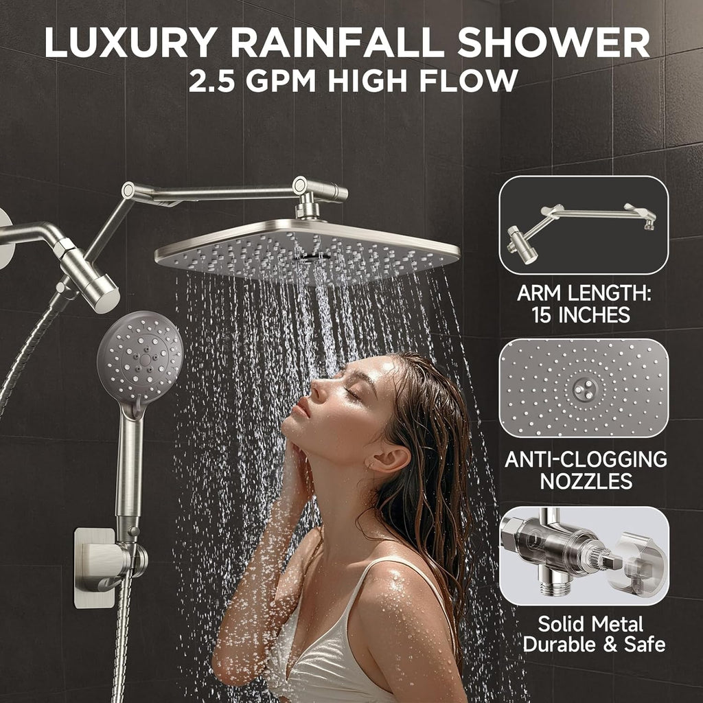 Brushed Nickel Wide Rain Shower Head with 6 Modes Handheld Water Spray, High Pressure Showerhead Combo with Arm, Adjustable Dual Shower with Anti-Clog Nozzles