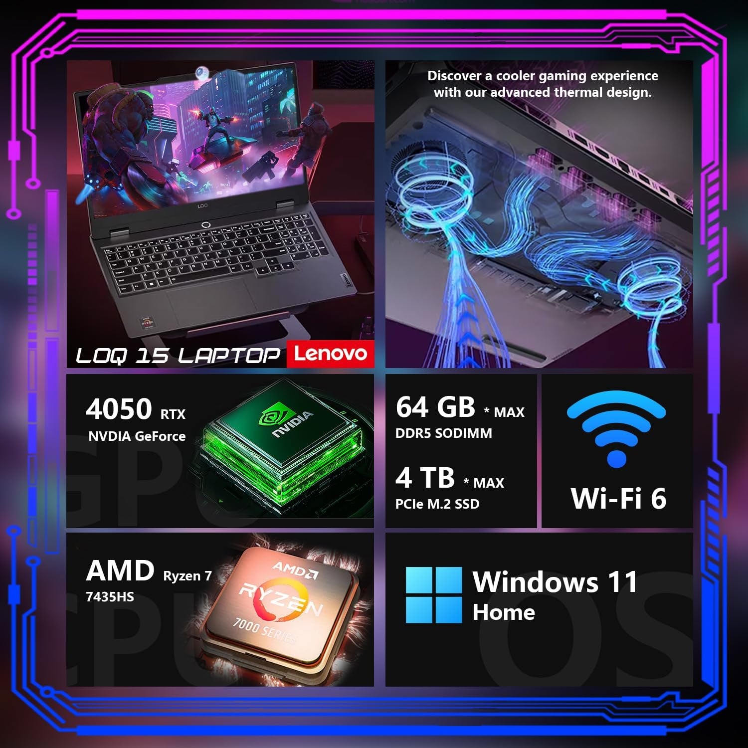 LOQ 15 15ARP9 RTX 4050 Gaming Laptop, 15.6 FHD 144Hz IPS Display, AMD Ryzen 7 7435HS, NVIDIA Geforce RTX 4050, 32GB DDR5 RAM, 1TB SSD, Backlit Keyboard, Wi-Fi 6, Bundle with PCO Laptop Cooler