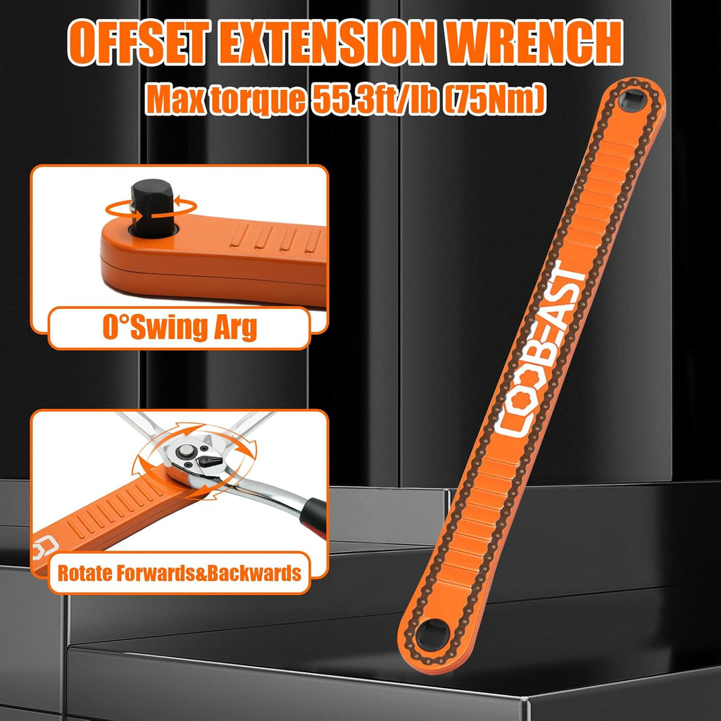 3/8 Inch Offset Extension Wrench Impact Ready Socket Wrench Extender Tool with Versatile 1/4", 3/8", and 1/2" Square Drive Adapters, Universal Extensions Wrench for Small Place