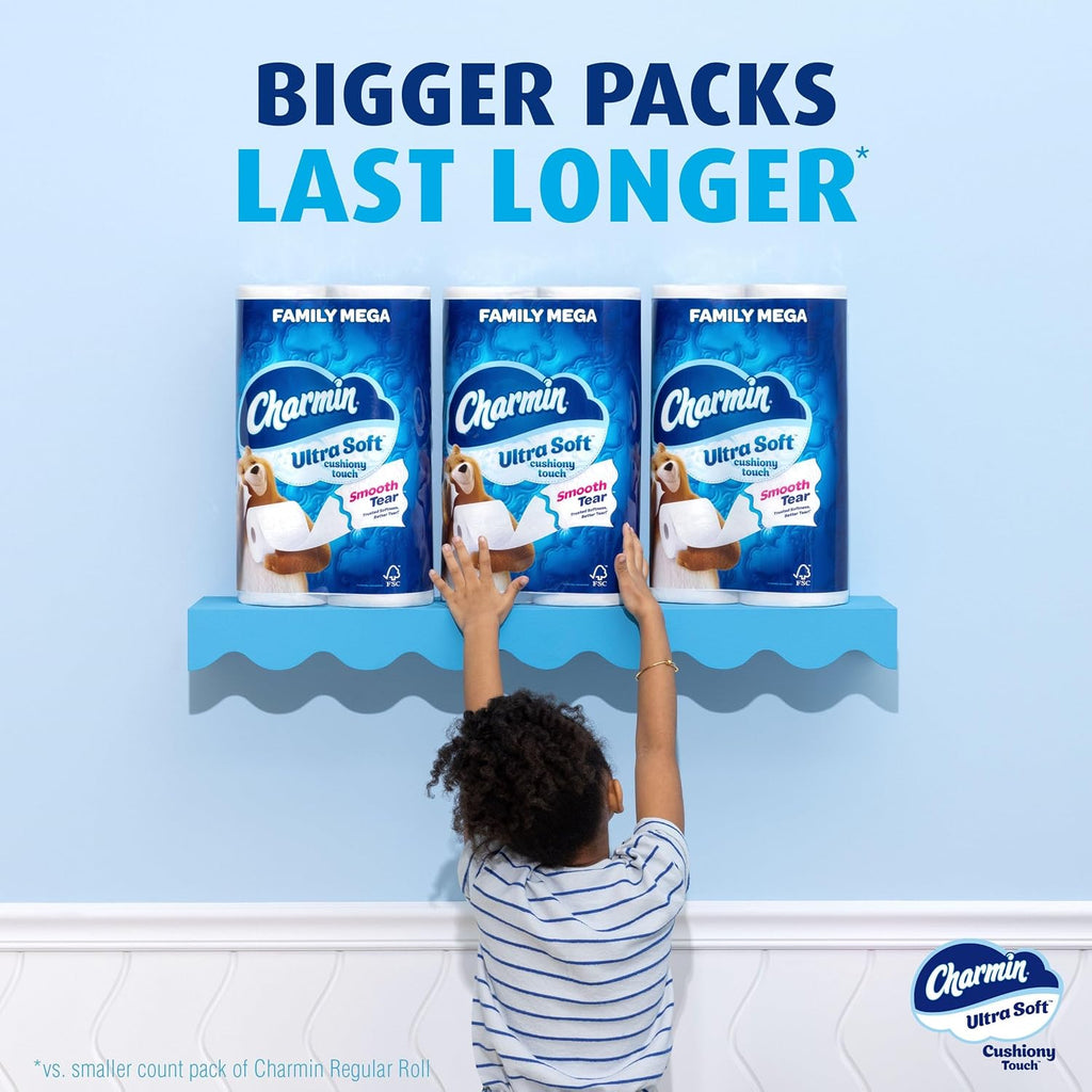 Ultra Soft Cushiony Touch Toilet Paper, 24 Family Mega Rolls = 123 Regular Rolls