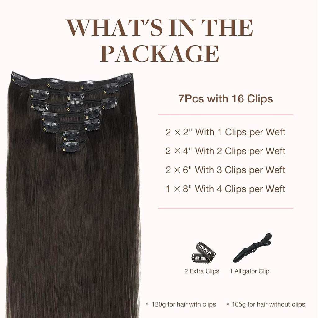 Clip in Hair Extensions Real Human Hair, Remy Human Hair Extensions Clip Ins for Women, Natural Human Hair, 20Inch 120G 7Pcs, 2 Dark Brown
