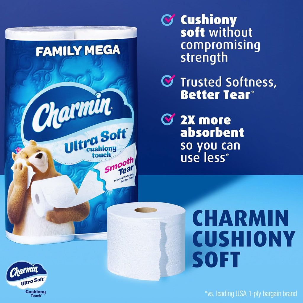 Ultra Soft Cushiony Touch Toilet Paper, 24 Family Mega Rolls = 123 Regular Rolls