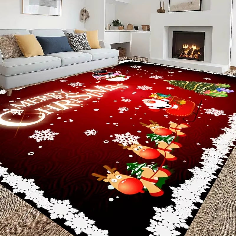 1Pc Christmas Red Rug Snowman Kitchen Carpet Living Room Rug Floor Mat Red Car Christmas Tree Print Door Mat Room Home Decor