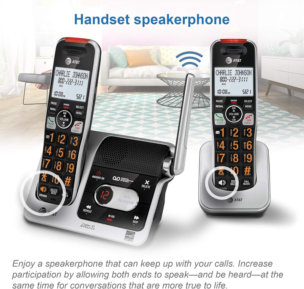 BL102-2 DECT 6.0 2-Handset Cordless Phone for Home with Answering Machine, Call Blocking, Caller ID Announcer, Audio Assist, Intercom, and Unsurpassed Range, Silver/Black