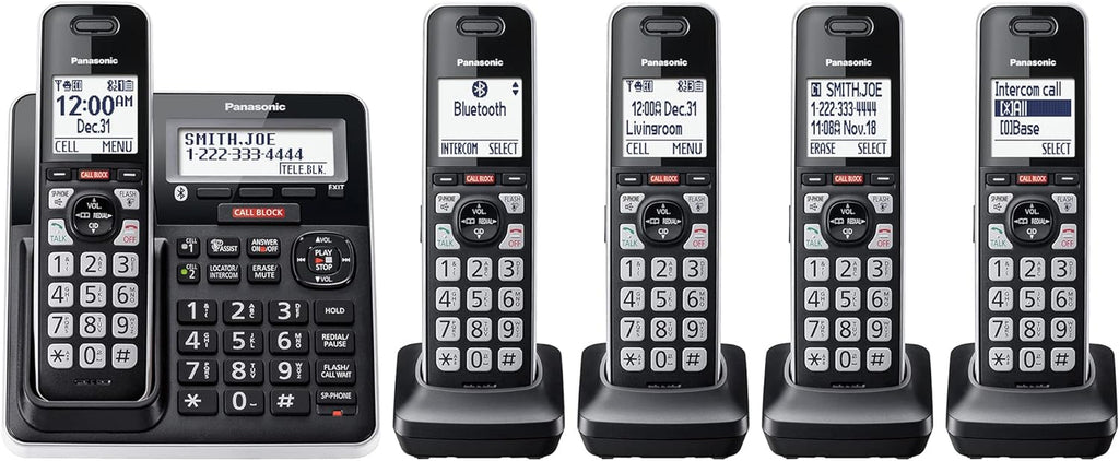 Cordless Phone with Advanced Call Block, Link2Cell Bluetooth, One-Ring Scam Alert, and 2-Way Recording with Answering Machine, 5 Handsets - KX-TGF975B (Black with Silver Trim)