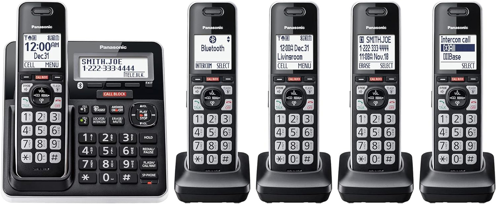 Cordless Phone with Advanced Call Block, Link2Cell Bluetooth, One-Ring Scam Alert, and 2-Way Recording with Answering Machine, 5 Handsets - KX-TGF975B (Black with Silver Trim)