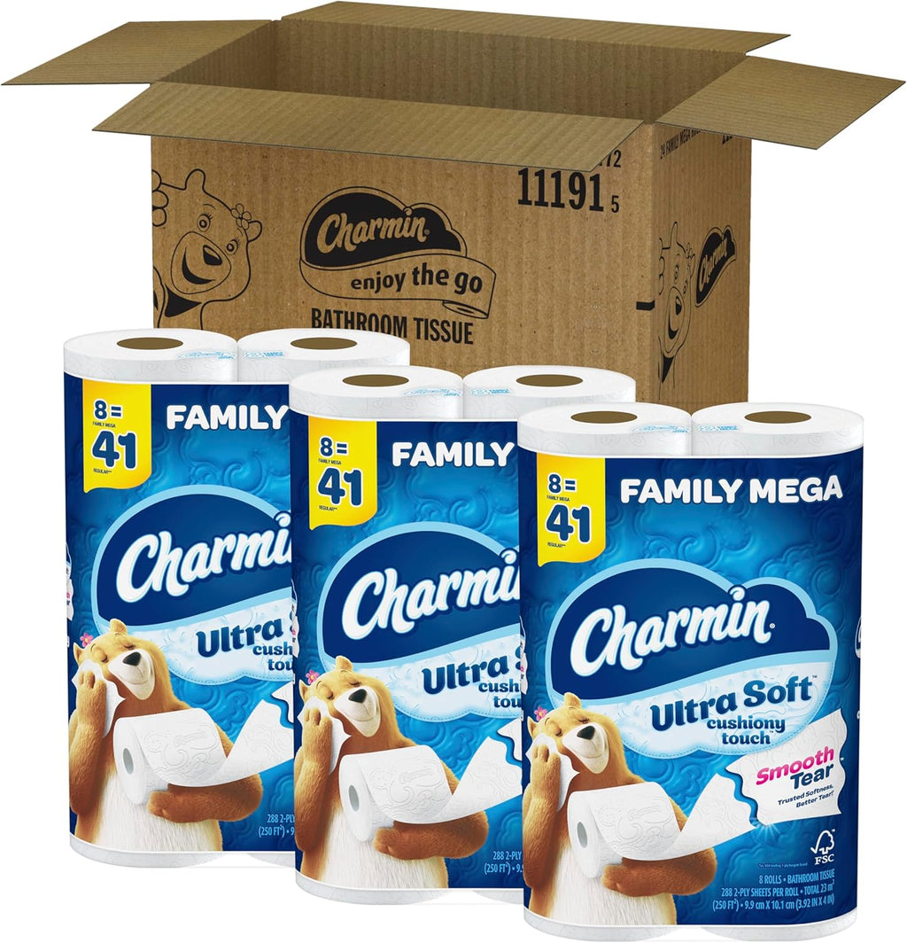 Ultra Soft Cushiony Touch Toilet Paper, 24 Family Mega Rolls = 123 Regular Rolls