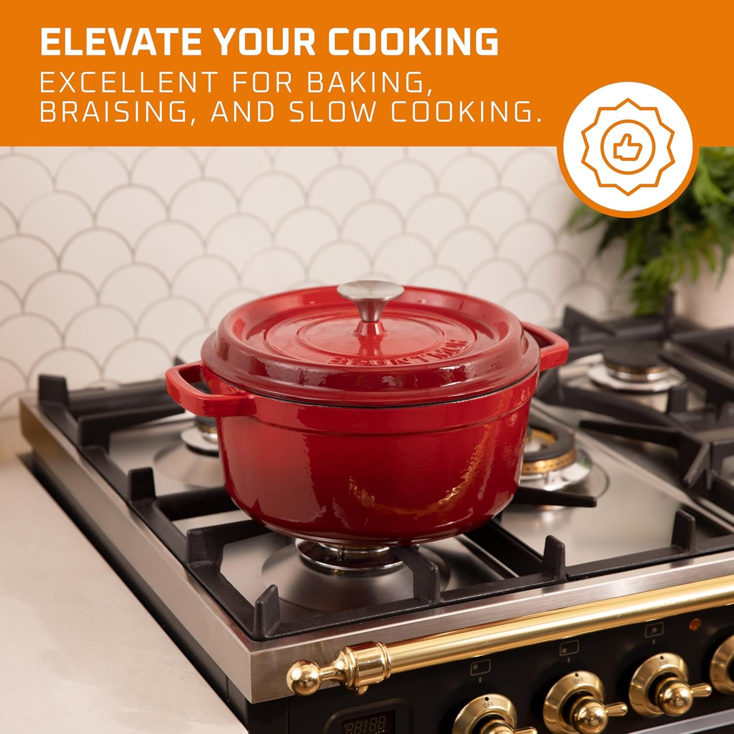 Pre-Seasoned Enameled Cast Iron Dutch Oven with Lid and Handle - 5.2 Quart Heavy Duty Casserole Dish for Cooking, Baking, and Braising - Oven Safe, Durable, round Cast Iron Cooking Pot - Red