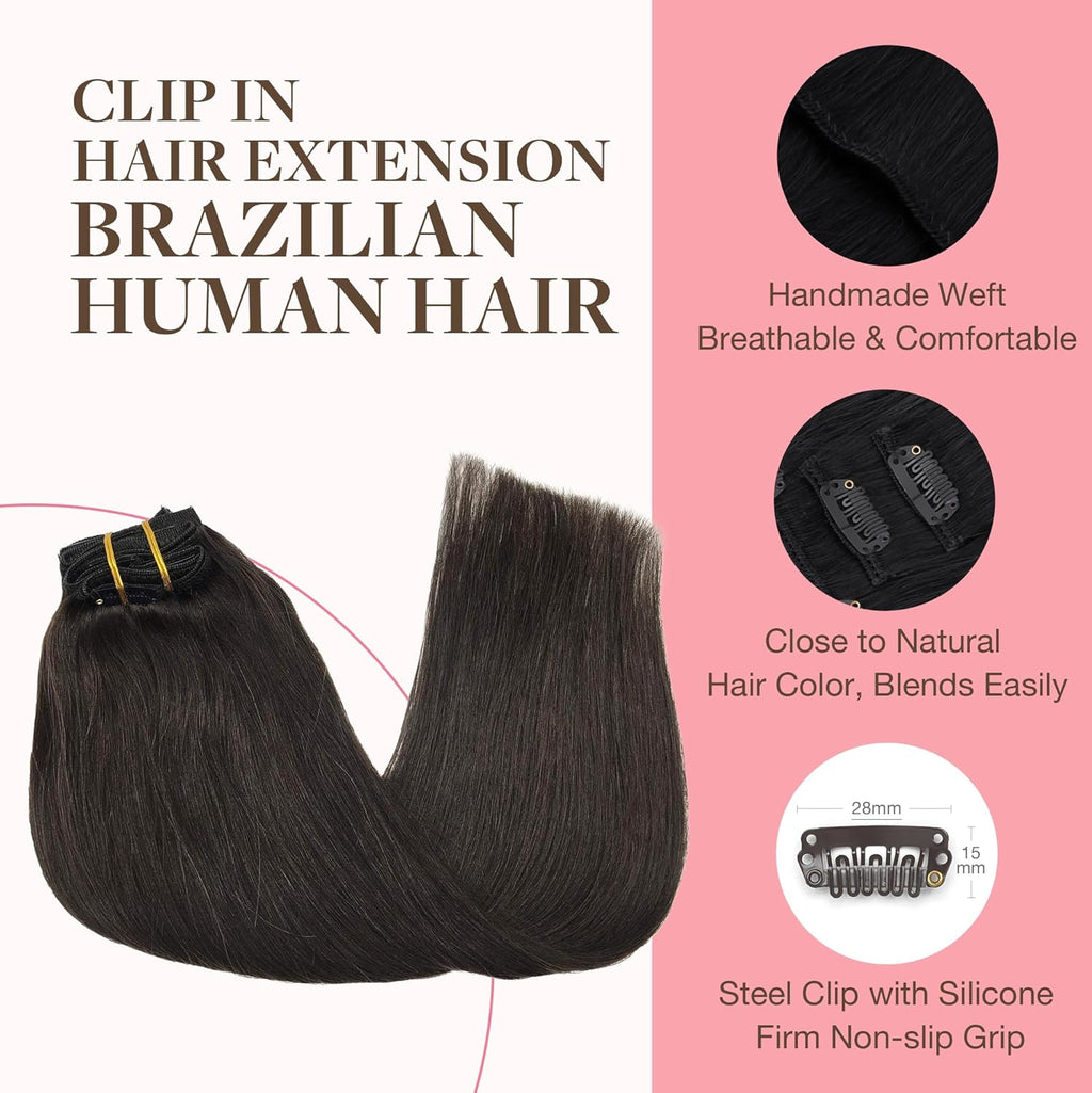 Clip in Hair Extensions Real Human Hair, Remy Human Hair Extensions Clip Ins for Women, Natural Human Hair, 20Inch 120G 7Pcs, 2 Dark Brown