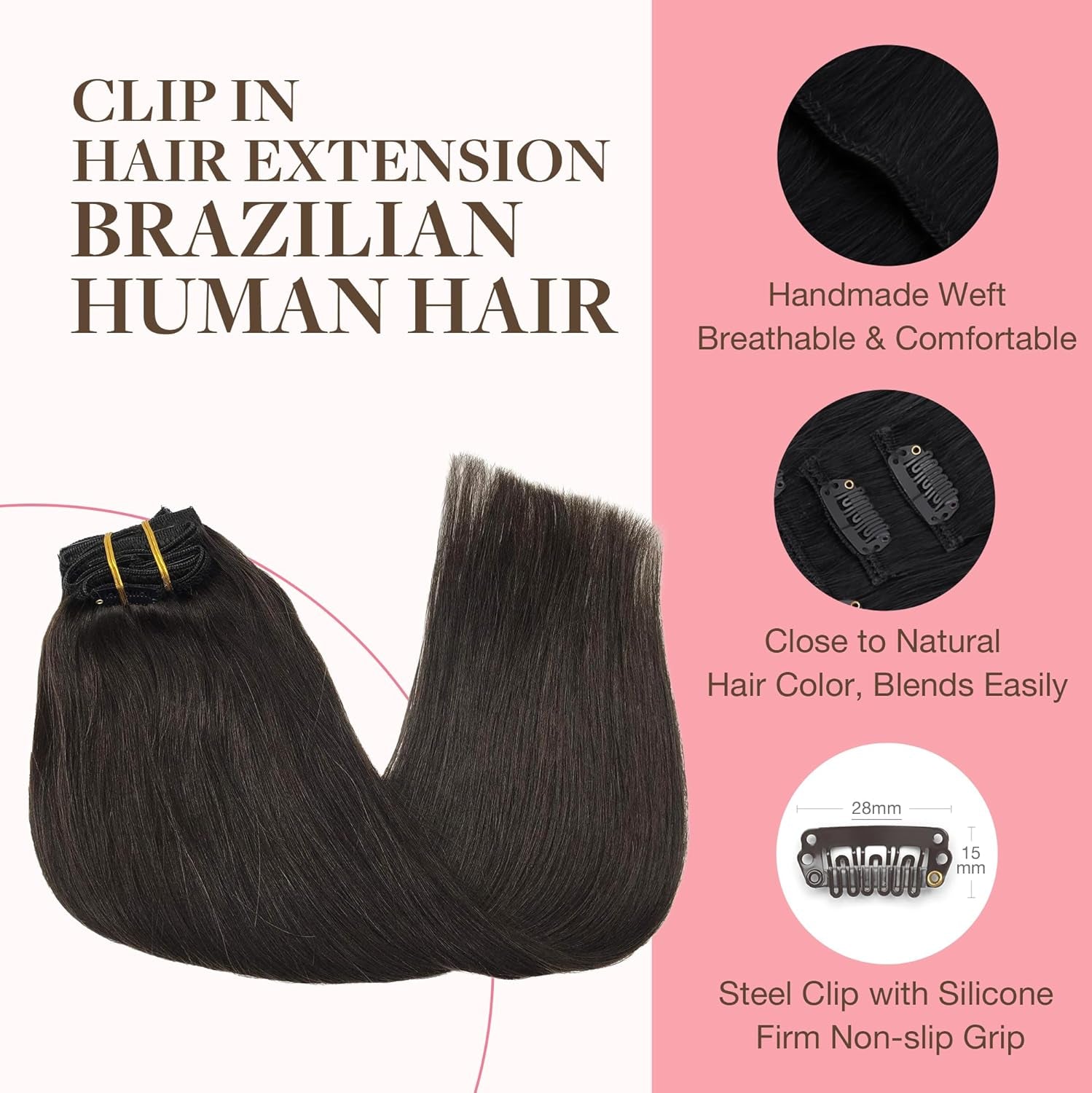Clip in Hair Extensions Real Human Hair, Remy Human Hair Extensions Clip Ins for Women, Natural Human Hair, 20Inch 120G 7Pcs, 2 Dark Brown