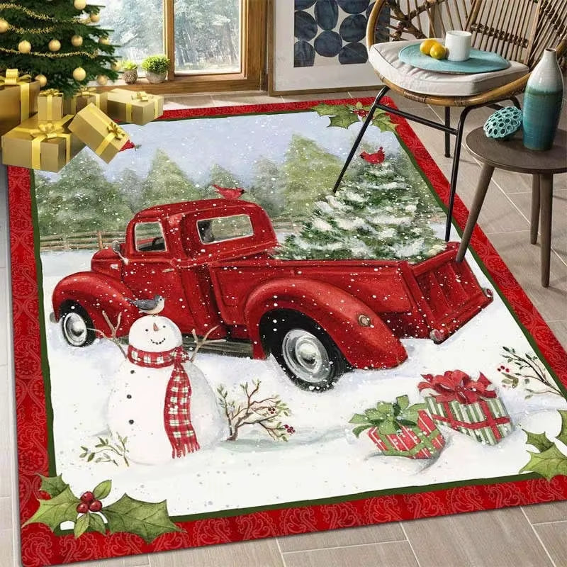 1Pc Christmas Red Rug Snowman Kitchen Carpet Living Room Rug Floor Mat Red Car Christmas Tree Print Door Mat Room Home Decor