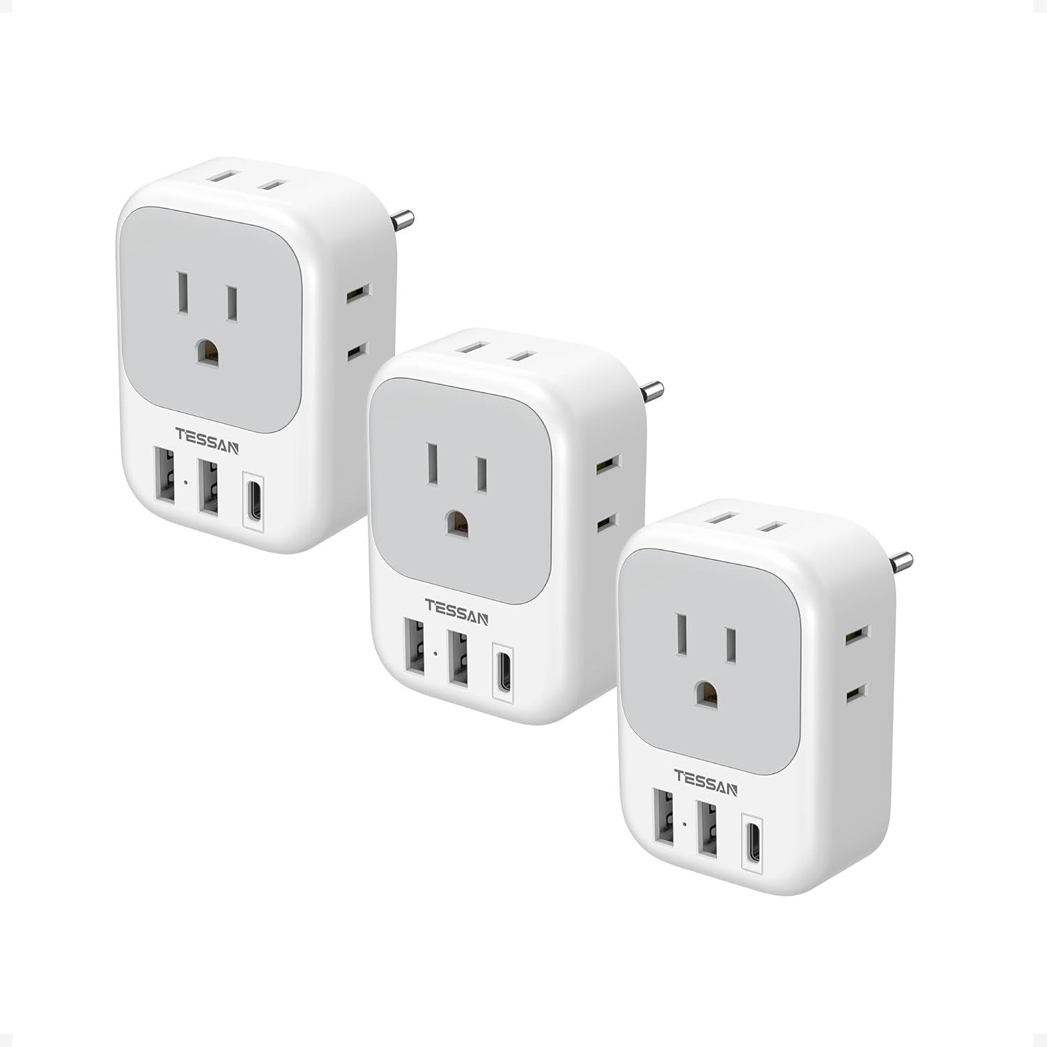 European Travel Plug Adapter USB C 3 Pack, US to Europe Plug Adaptor with 4 AC Outlets 3 USB Charging Ports, Type C Power Adapter for USA to EU Euro Spain France Iceland Italy Germany Greece