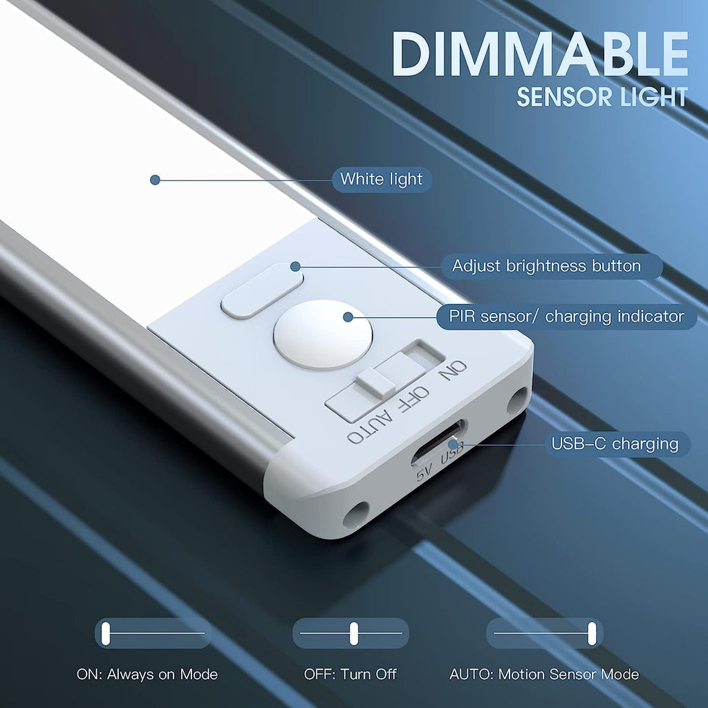 10Inch under Cabinet Lighting, 2 Pack Rechargeable Motion Sensor Light Indoor, 5 Levels Dimmable Magnetic Closet Lights, Wireless under Counter Lights for Kitchen, Stairs