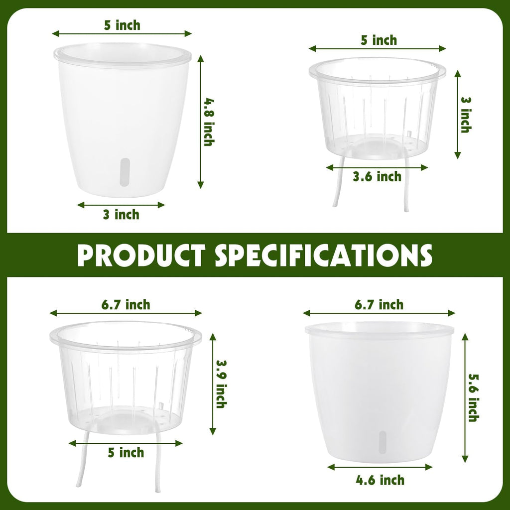 Self Watering Pots for Indoor Plants, 6-Pack 5'' Self Watering Planter with Drainage Holes, Small African Violet Pots with Water Indicator, Clear Wick Orchid Pot, White