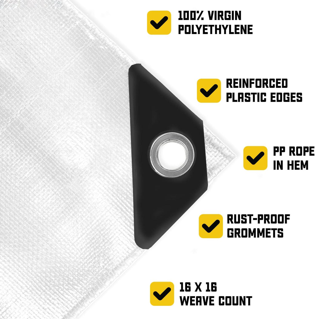 Extreme Heavy Duty 20 Mil Tarp Cover, Waterproof, UV Resistant, Rip and Tear Proof, Poly Tarpaulin with Reinforced Edges for Roof, Camping, Patio, Pool, Boat (White 12′ X 16′)