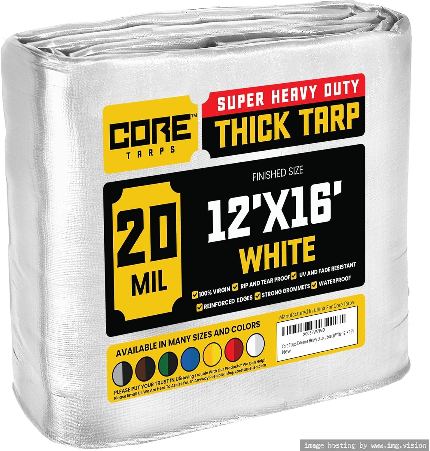 Extreme Heavy Duty 20 Mil Tarp Cover, Waterproof, UV Resistant, Rip and Tear Proof, Poly Tarpaulin with Reinforced Edges for Roof, Camping, Patio, Pool, Boat (White 12′ X 16′)