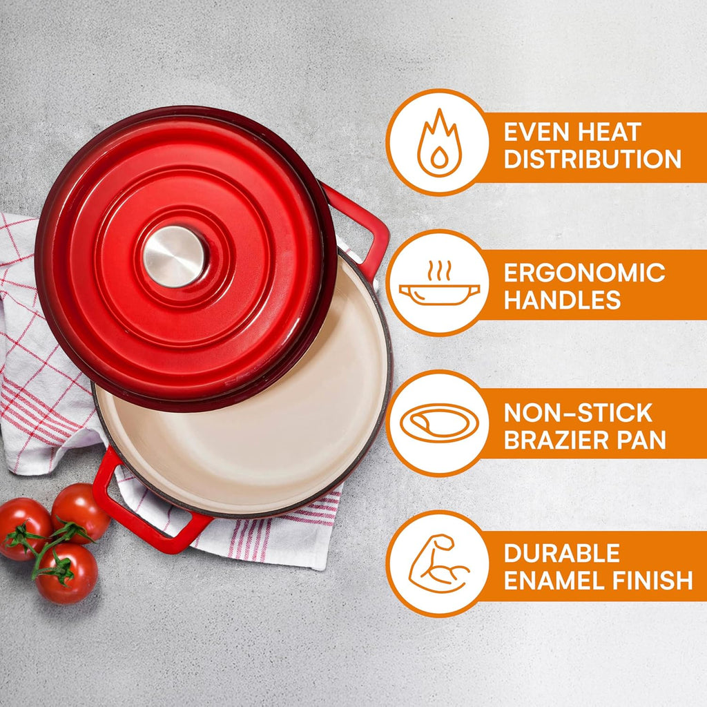 Pre-Seasoned Enameled Cast Iron Dutch Oven with Lid and Handle - 5.2 Quart Heavy Duty Casserole Dish for Cooking, Baking, and Braising - Oven Safe, Durable, round Cast Iron Cooking Pot - Red