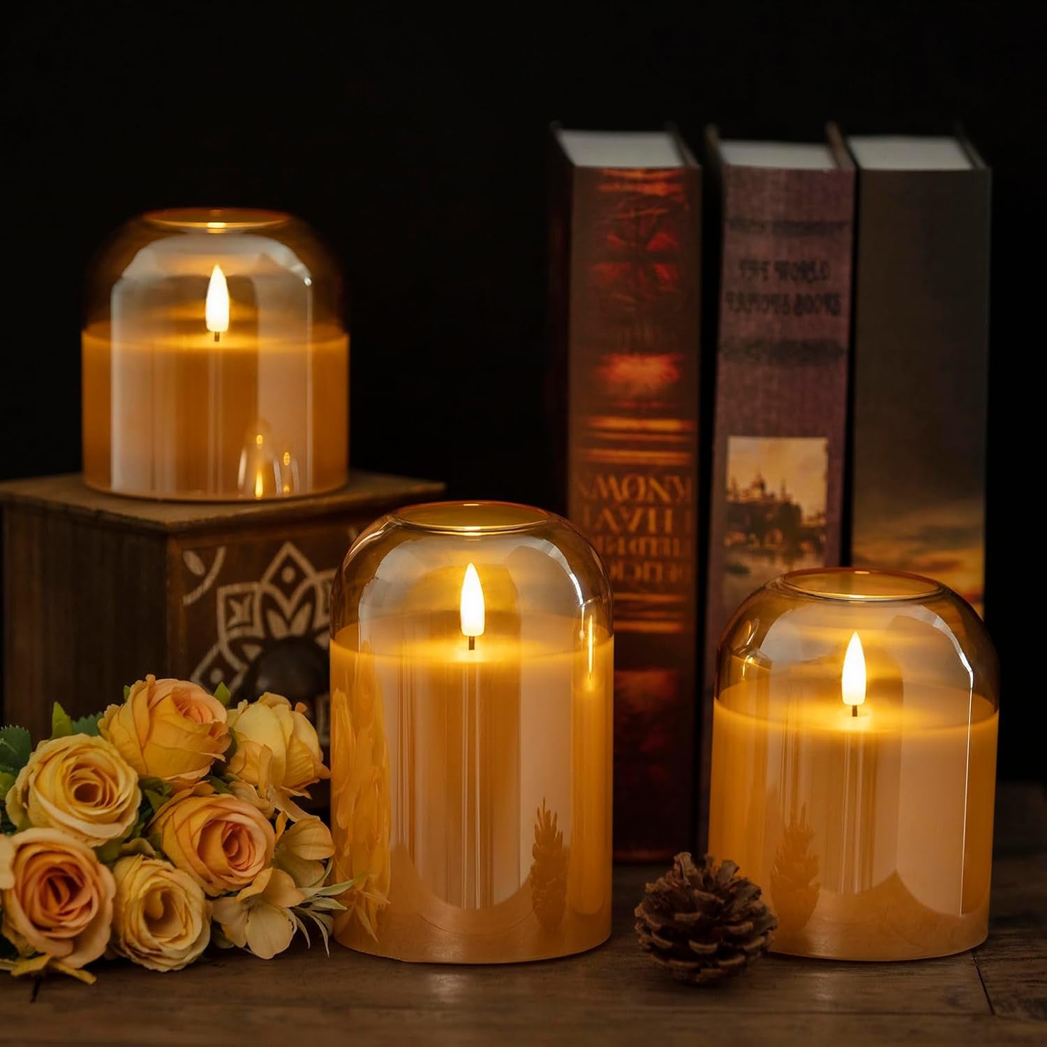 Gold Glass Flameless Candles with Remote Battery Operated Flickering LED Pillar Candles Real Wax 3D Wick Φ 4" H 4" 5" 6"