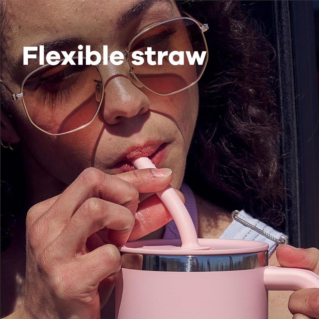 40 Oz Travel Tumbler with Handle, Lid and Straw - Insulated Stainless Steel in Ivory Rose Gold