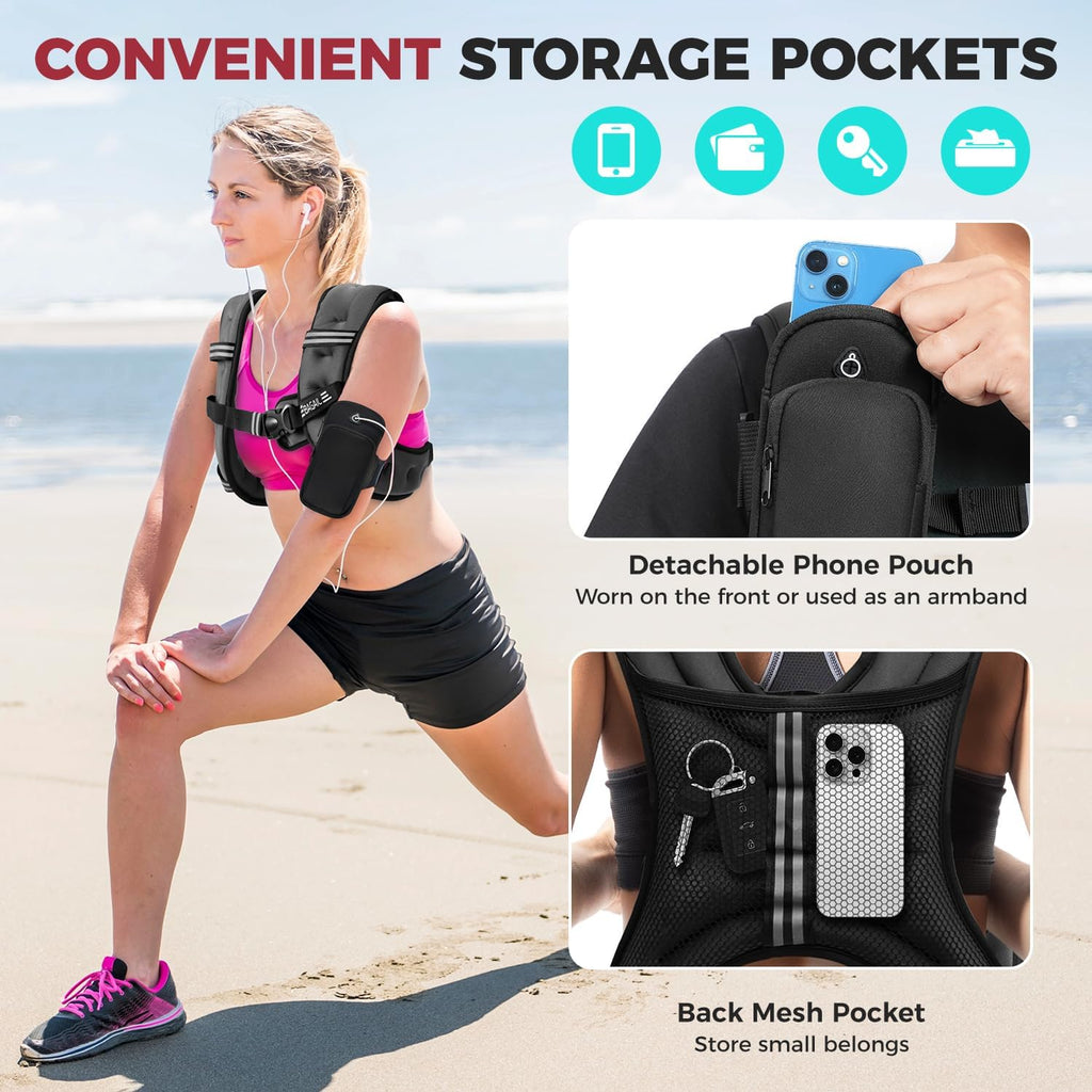 Weighted Vest, 5Lbs/8Lbs/10Lbs/12Lbs/15Lbs/20Lbs/25Lbs/30Lbs Weight Vest with Detachable Phone Pouch, Rucking Vest for Women, Men, Walking, Weight Loss, Training, Running