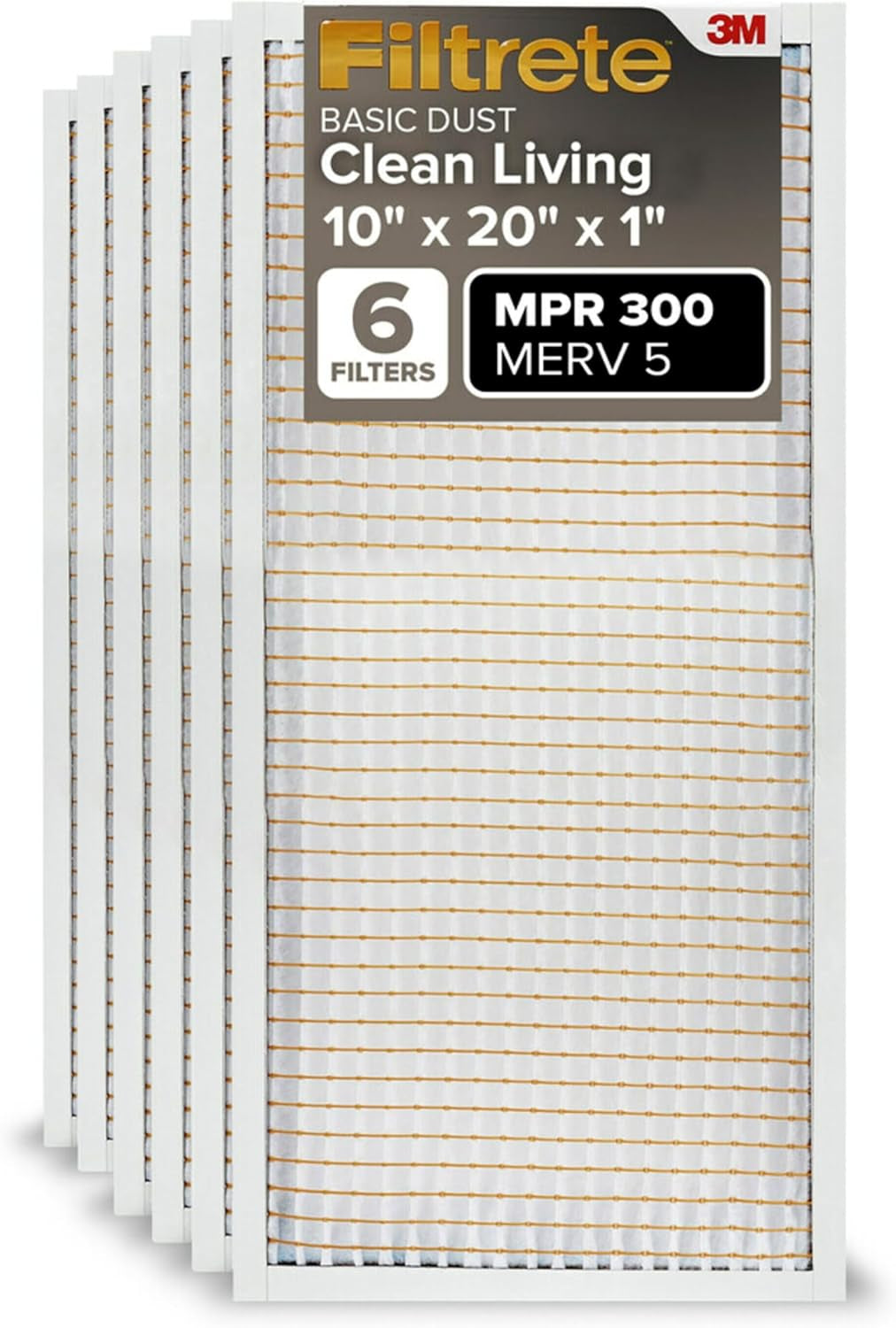 10X20X1 Air Filter, MPR 300, MERV 5, Clean Living Basic Dust 3-Month Pleated 1-Inch Air Filters, 6 Filters