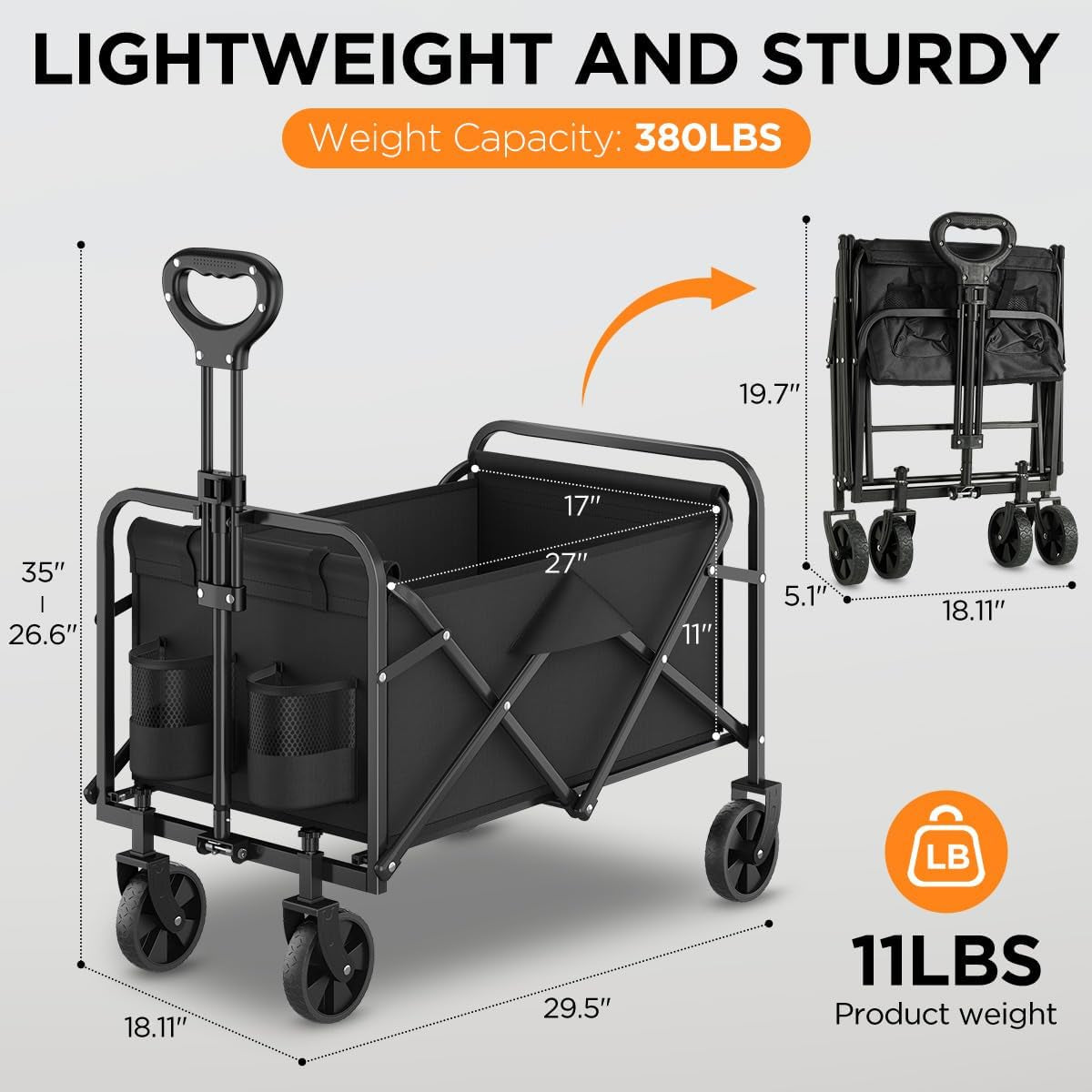 Heavy-Duty Collapsible Wagon Cart, Foldable Utility Cart with Extra Large Capacity and Drink Holders for Shopping, Camping, Grocery, Sports