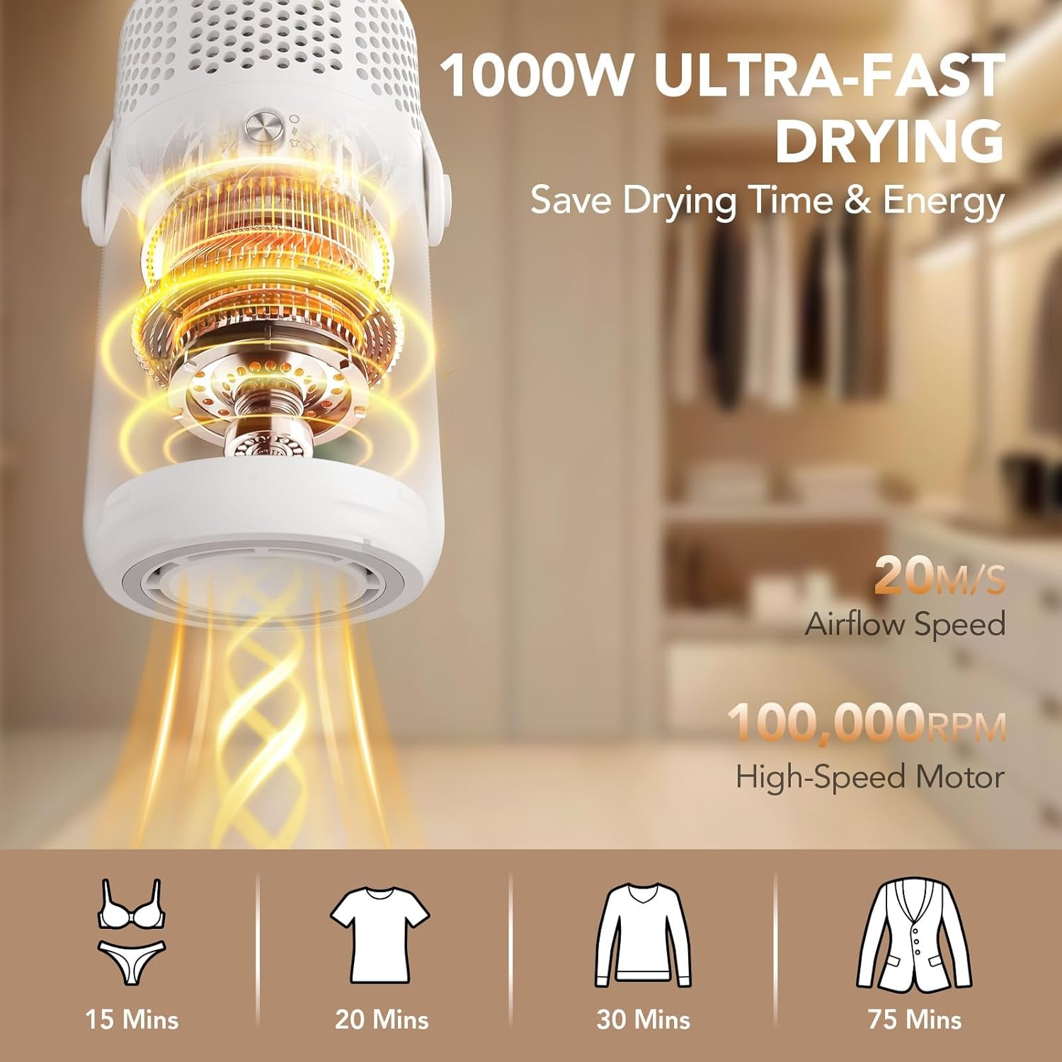 High-Speed Portable Clothes Dryer, Portable Dryer for Apartment, Travel, RV - Premium Mini 1000W Dryer Machine for Light Clothes, Underwear with Dry Bag, Hook, Perfect for Travelers, Housewarming