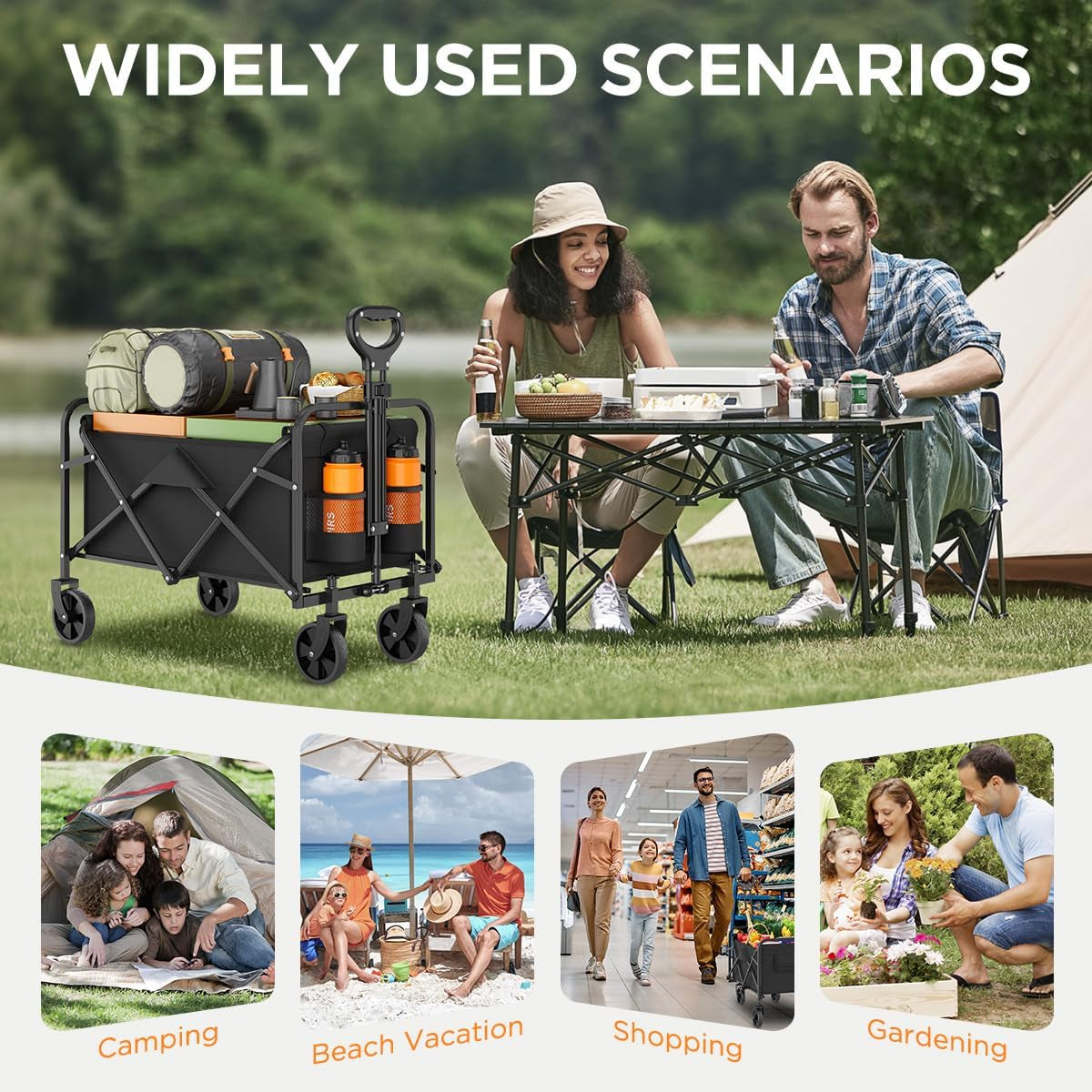 Heavy-Duty Collapsible Wagon Cart, Foldable Utility Cart with Extra Large Capacity and Drink Holders for Shopping, Camping, Grocery, Sports
