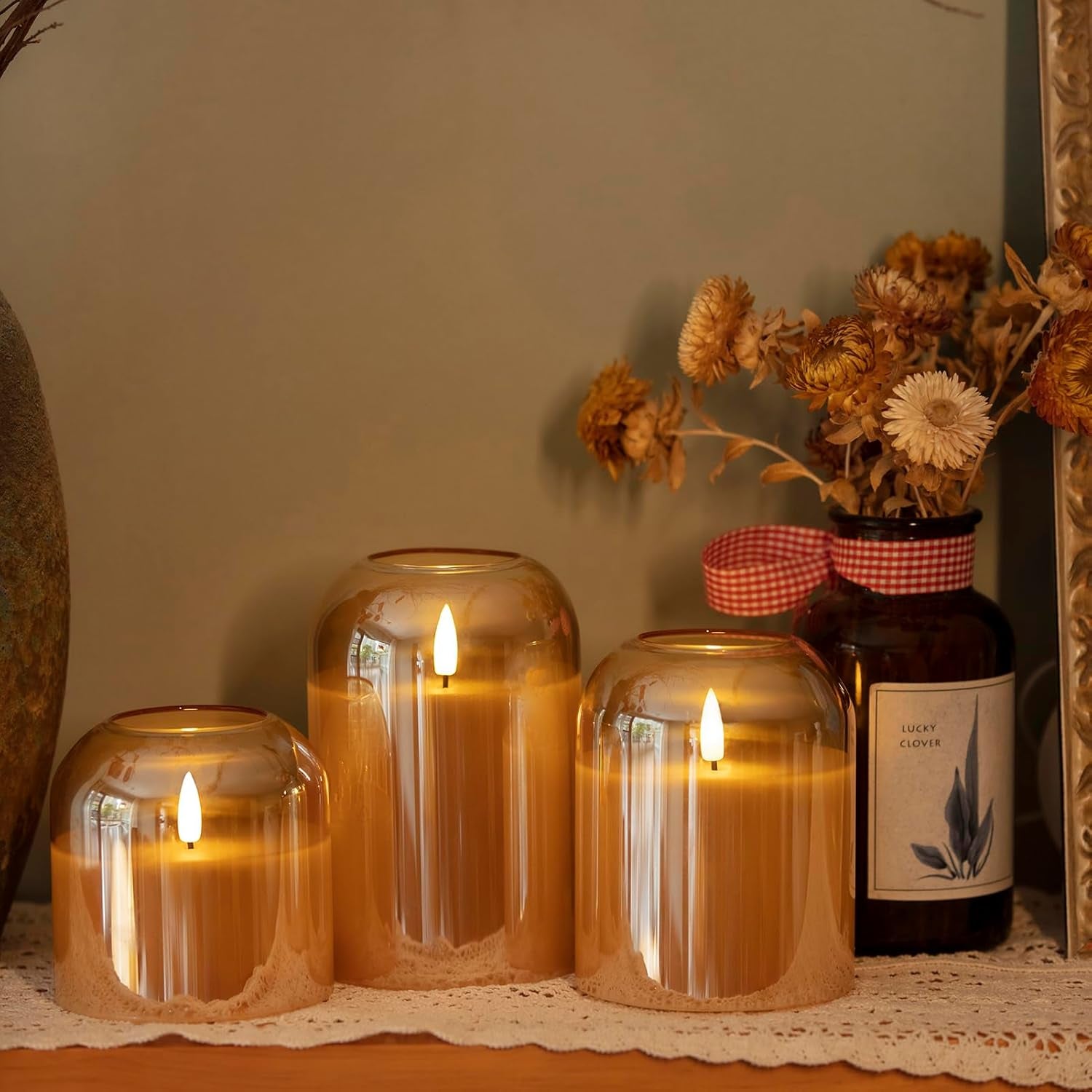 Gold Glass Flameless Candles with Remote Battery Operated Flickering LED Pillar Candles Real Wax 3D Wick Φ 4" H 4" 5" 6"