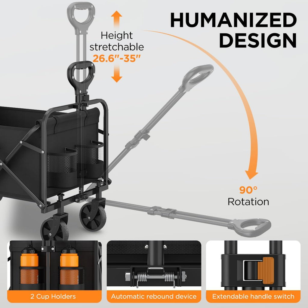 Heavy-Duty Collapsible Wagon Cart, Foldable Utility Cart with Extra Large Capacity and Drink Holders for Shopping, Camping, Grocery, Sports