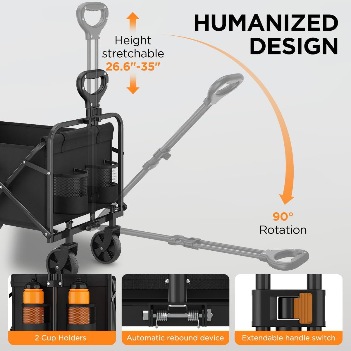 Heavy-Duty Collapsible Wagon Cart, Foldable Utility Cart with Extra Large Capacity and Drink Holders for Shopping, Camping, Grocery, Sports