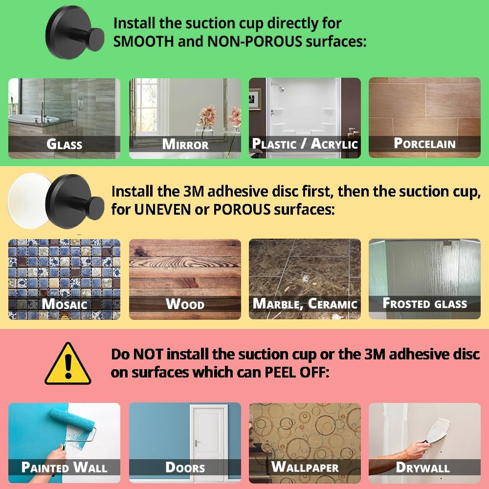 Suction Cup Hooks for Shower, Bathroom, Kitchen, Glass Door, Mirror, Tile – Loofah, Towel, Coat, Bath Robe Hook Holder for Hanging up to 15 Lbs – Waterproof & Rustproof, Matte Black (2-Pack)