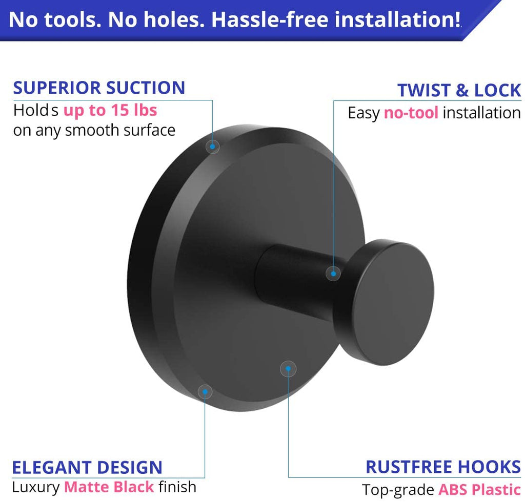 Suction Cup Hooks for Shower, Bathroom, Kitchen, Glass Door, Mirror, Tile – Loofah, Towel, Coat, Bath Robe Hook Holder for Hanging up to 15 Lbs – Waterproof & Rustproof, Matte Black (2-Pack)