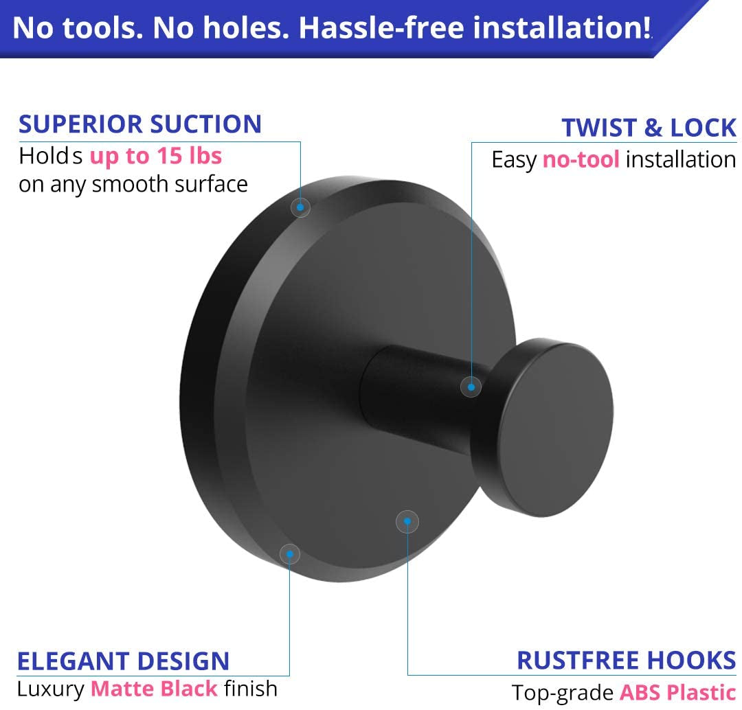 Suction Cup Hooks for Shower, Bathroom, Kitchen, Glass Door, Mirror, Tile – Loofah, Towel, Coat, Bath Robe Hook Holder for Hanging up to 15 Lbs – Waterproof & Rustproof, Matte Black (2-Pack)