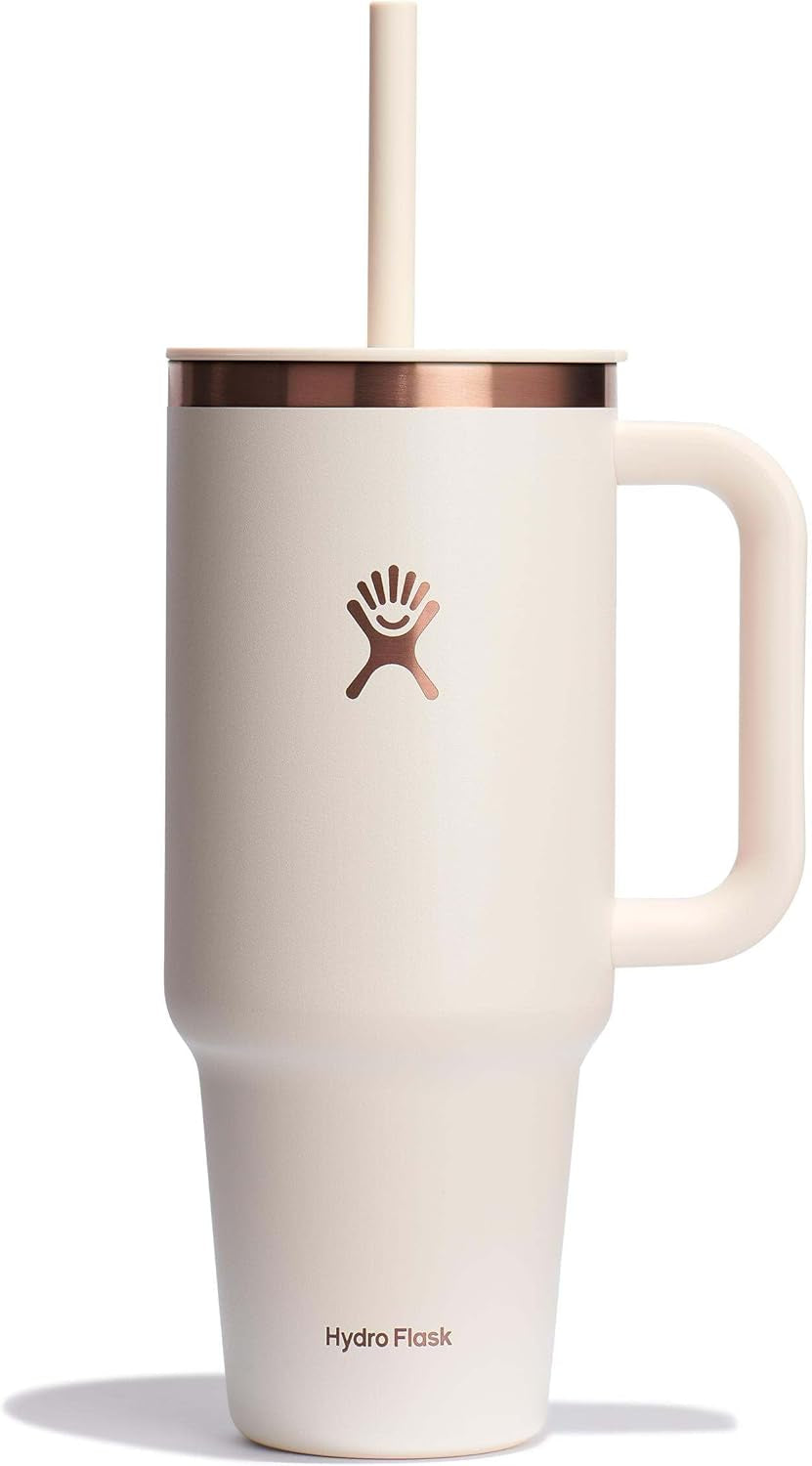 40 Oz Travel Tumbler with Handle, Lid and Straw - Insulated Stainless Steel in Ivory Rose Gold