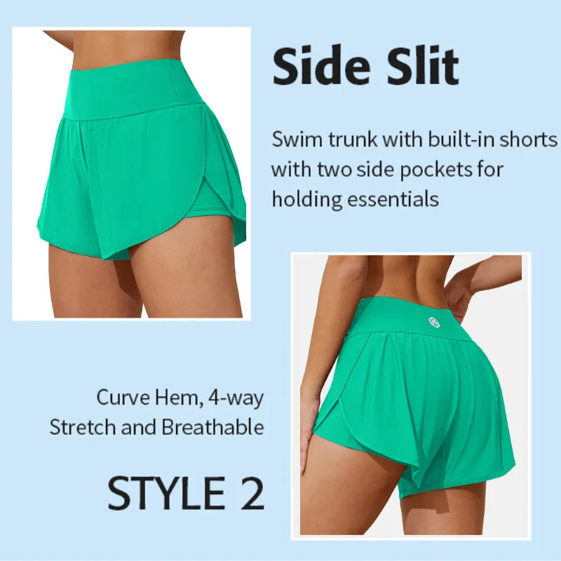 Women Swimming Trunks High Waist Wide Waist Band Side Split 2 in 1 Gym Yoga Fitness Shorts with Pockets Tankini Bottom